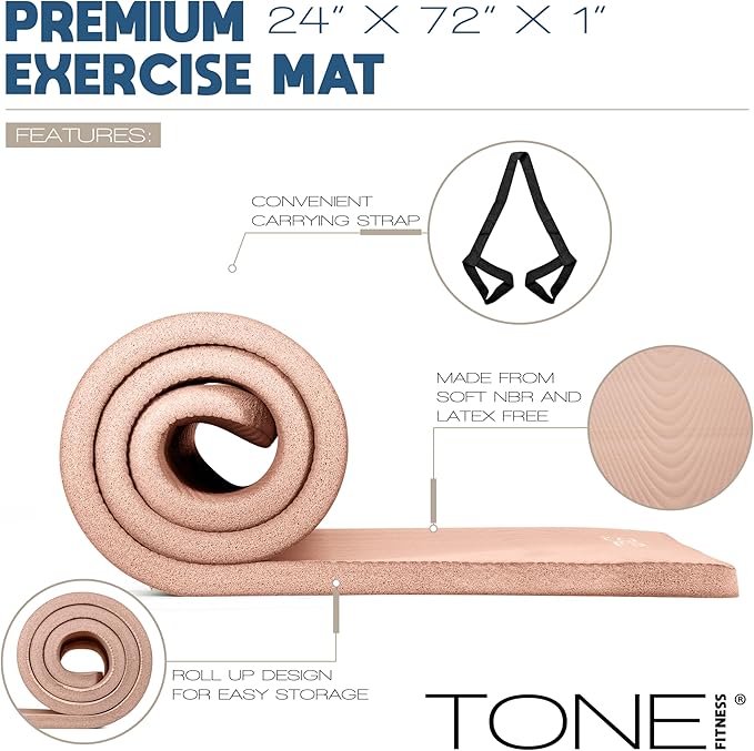 Tone Fitness 1-Inch Thick Yoga Mat | High-Density, Non-slip Exercise Mat with Carrying Strap for Yoga, Pilates, & Home Gym Workouts | Multiple Options