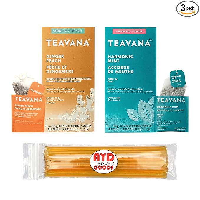 AYD Goods Medicine Ball Cold Buster Recipe, 48 teabags of Ginger Peach and Harmonic Mint, Includes 10 Counts of AYD Goods US Grade A Honey Sticks