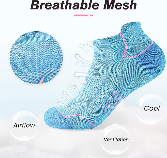 Niorasen Ankle Socks for Women 6 Pairs, Cotton Cushioned Athletic Running Socks, Breathable Low Cut Sports Socks