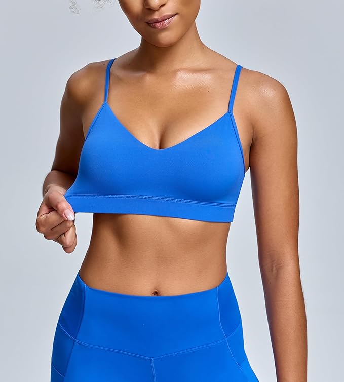 Oalka V Neck Sports Bra for Women Adjustable Padded Thin Straps Wireless Yoga Bras