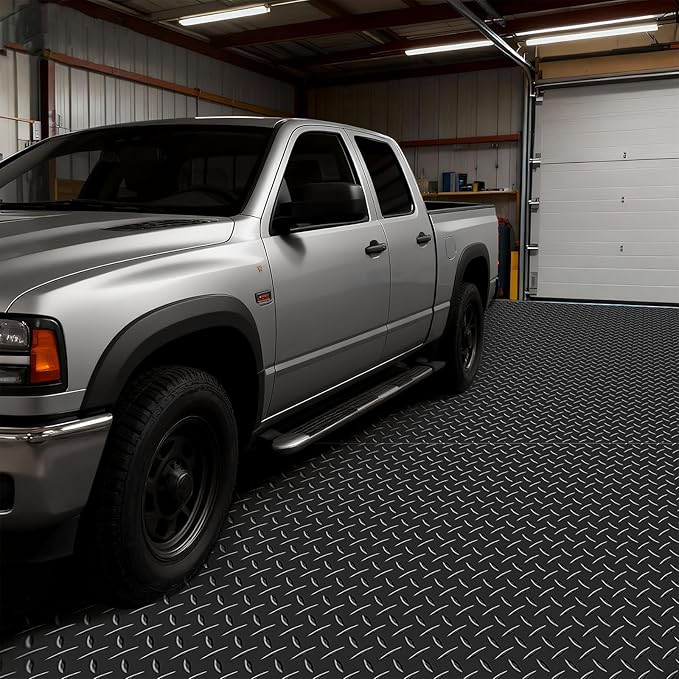 VEVOR Garage Floor Roll, 4 x 10 ft Garage Flooring Mat, 2.2 mm Thickened PVC Diamond Plate Floor Protector Mat with Double-Sided Tape, Non-Slip, Easy to Clean for Warehouse, Gyms, Trailer, Black