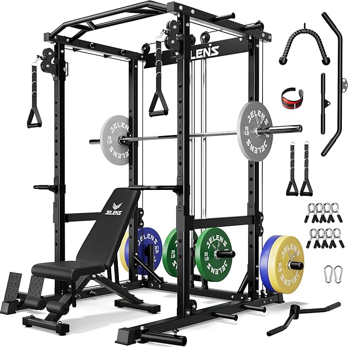 JELENS C12 Squat Rack for Home Gym, 2000LBS Power Rack with Adjustable Pulley System, Power Cage Workout Equipment with LAT Pulldown and Training Attachment