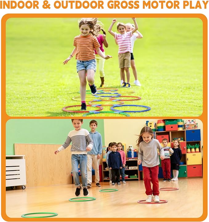 Hopscotch Rings – Hoop + Square, 2-Set – (10 Round + 10 Square, 15-inch) + 30 Connectors, Agility Rings for Kids, Gross Motor Skills, Preschool & Kindergarten PE, Playground Obstacle Course