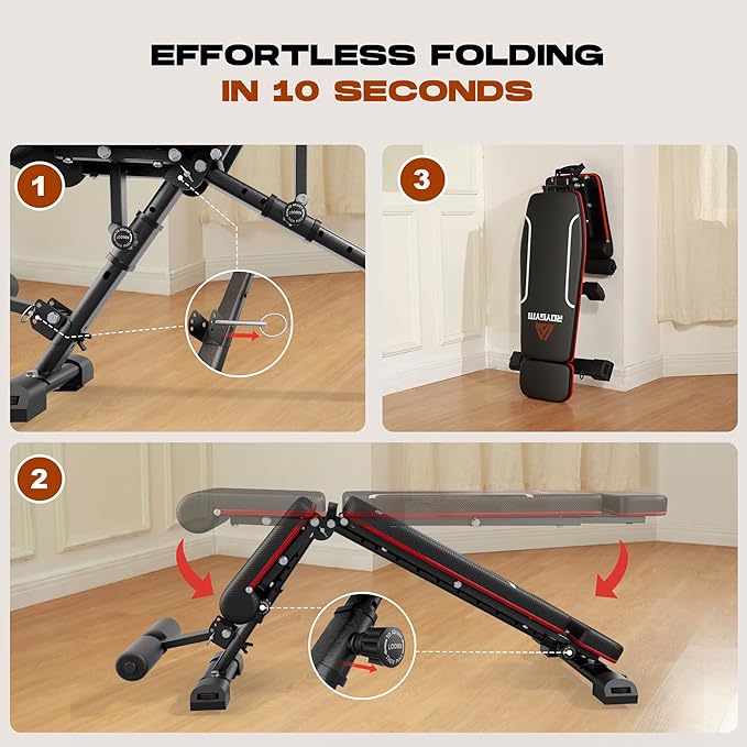 Weight Bench, 880lbs Capacity Adjustable Workout Bench with Headrest for Bench Press, Fast Folding Incline Decline Flat Bench for Home Gym