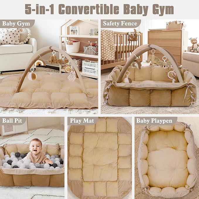 5-in-1 Plush Baby Play Gym, Baby Play Mats, Convertible Baby Gym, Tummy time mat, 6 Sensory Toys, Activity Center, Ball Pit, Brown
