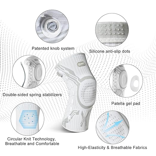 Kuangmi Knob Knee Brace for Pain Relief, Knee Support with Patella Gel Pad & Side Stabilizers, Compression Knee Sleeve for Workout, Arthritis, Joint Pain, Meniscus Tear (White,Right,Medium,Single)