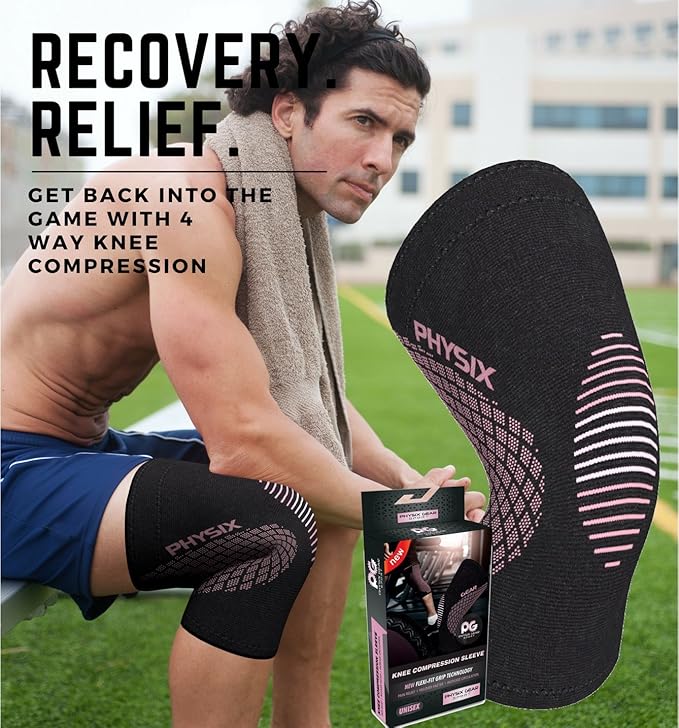 Physix Gear Knee Compression Sleeve for Men & Women - Best Compression Knee Brace for Walking, Running, Gym, Basketball, Weightlifting,Workout, Sports - Knee sleeves Support Compression & Stability