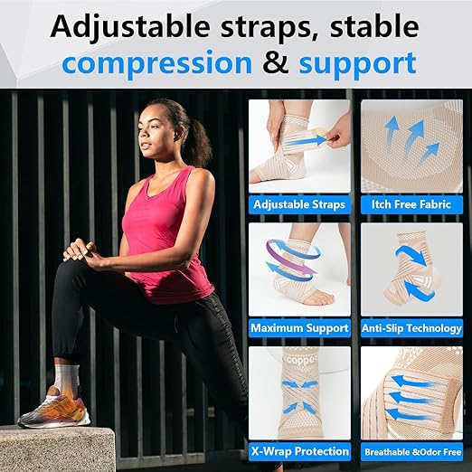 DRNAIETY Copper Ankle Brace for Men & Women - 1 Pair Adjustable Ankle Support Compression Sleeve for Plantar Fasciitis, Achilles Tendonitis, Foot Pain, Swelling, Sprains - Everyday Use (Skin Tone, X-Large)