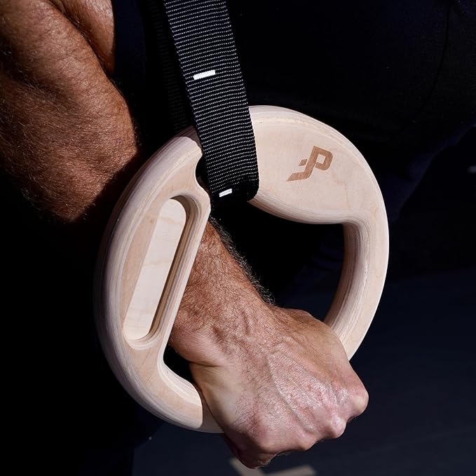 Wooden Gymnastic Rings with Built-in Hangboard – 32mm Birch Rings with 6 Grip Options & Numbered 38mm Straps – Calisthenics, Climbing, Bodyweight Training