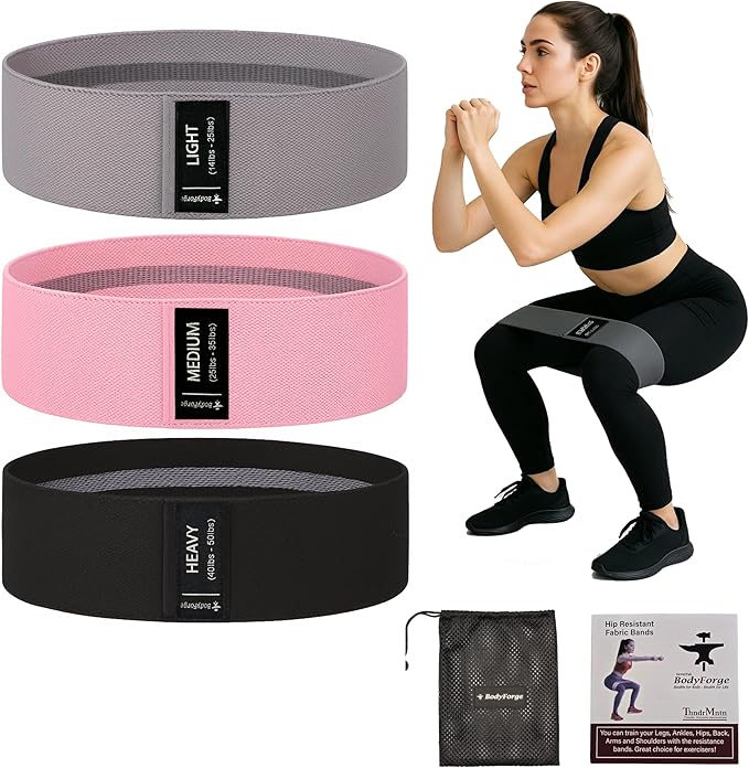BodyForge Resistance Bands for Working Out, 3 Booty Bands for Women Men Fabric Elastic Bands for Exercise Bands for Legs Bands for Working Out Hip Thigh Glute Bands Set & with Carry Bag & Manual