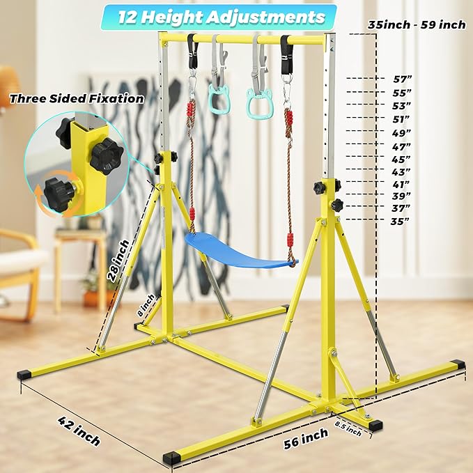 Foldable Gymnastics Bar,5FT Horizontal bar,Adjustable Kids Training bar for Kids Ages 3-15,Kids Gymnastics bar,Triangle Stable Structure-Gym Equipment for Home