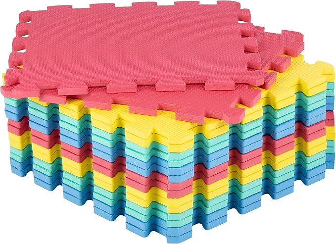 Interlocking Floor Mats - 16-Piece Nontoxic Exercise Mat or Play Mat for Toddlers, Babies or Kids - Foam Padding for Home Gym by Stalwart (Multicolor)