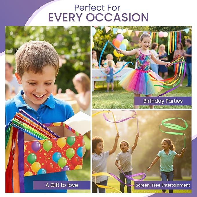 GSi Multicolor Ribbon Wands & Rings for Kids - Pack of 6 Dance Streamers with 9" Stick, 1m Ribbons, Gymnastics & Party Use