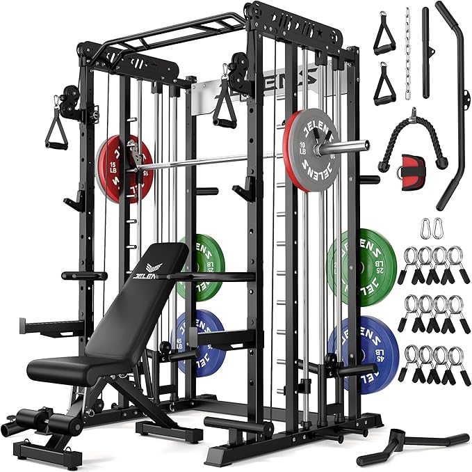JELENS Smith Machine for Home Gym, Multi-Function M12 Power Cage with Cable Crossover System, Squat Rack with Smith Bar and More Attachment