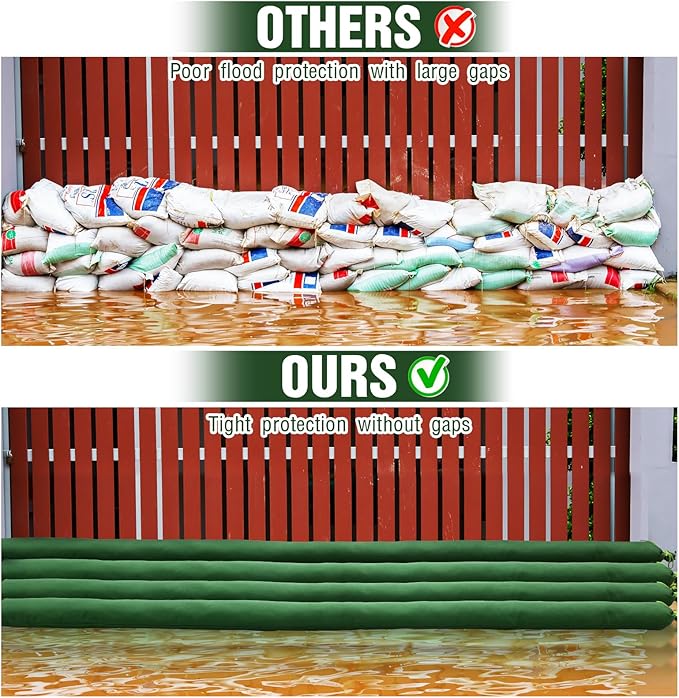 Threan 2 Pcs Long Canvas Sandbags for Flooding Sand Tube Bags Flood Protection Thickened Reusable Rain Wind Flood Barrier with Elastic Band Water Barrier Tube for Door Rain Control, Green (11ft)