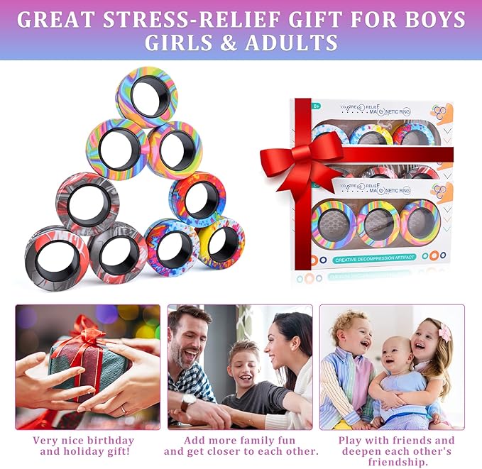 Cevioce Easter Basket Stuffers for Teens Boys Girls 54Pcs Magnetic Rings Fidget Toy Set, ADHD Anxiety Magnetic Fidget Toys Adults Fidget Spinner Rings for Relief, Easter Gifts for Kids Year Old