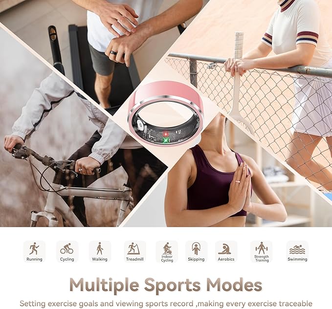 Smart Ring for Women, Fitness & Activity Tracker with Blood Pressure/Heart Rate Monitor, Sleep Tracker, Step Counter, IP68 Waterproof Ring for iOS & Android,Fast Charge, No Subscription (Pink,Size9）