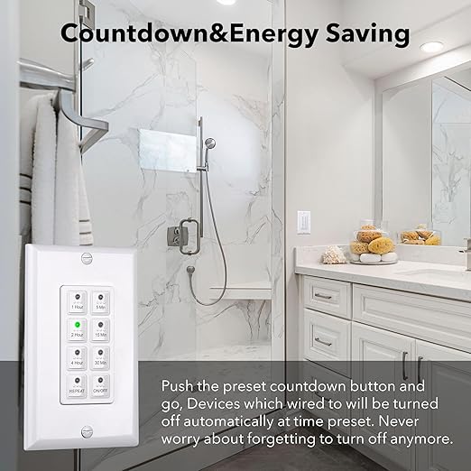 BN-LINK Countdown Digital Wall Timer Switch for Exhaust Fan with Push Button 5-15-30-60mins, 2-4hours, Bathroom Fan Light Switch Timer Indoor, Neutral Required, Wall Plate Included, White, ETL Listed