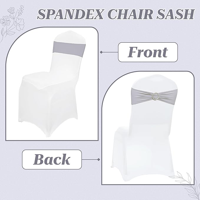 VDS - Light Silver | Spandex Chair Sashes Bows | 200 PCS | Stretch Elastic Banquet Universal Folding Chair Band Tie with Silver Buckle Slider for Wedding Party Conference Celebration Event Decoration