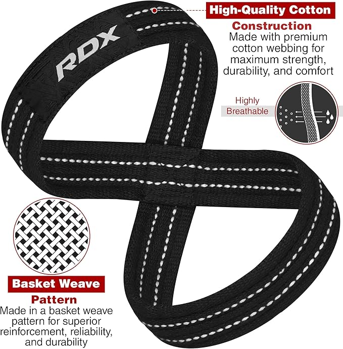RDX Weight Lifting Straps Figure 8, Anti Slip Strap with Cuffs Wrist Support for Gym Workout Deadlift Powerlifting Bodybuilding Weightlifting, Fitness Strength Training, Hand Bar Grip for Men