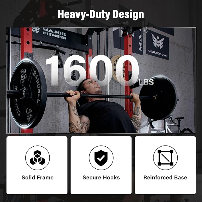 MAJOR FITNESS F22 Power Rack, 1600lbs All-in-One Squat Rack with Dual Pulley System, Heavy-Duty Steel Frame, Attachments & Storage for Home Gym Strength Training