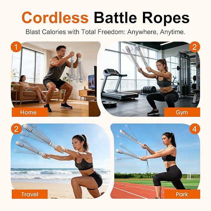 Adjustable Ropeless Battle Ropes, Portable Cordless Battle Ropes for Home Gym, Workout Equipment Exercise Rope for Low-Impact Workout, Strength & HIIT, for Men & Women (Grey)