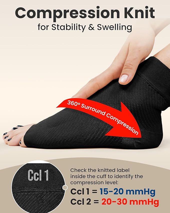 KEMFORD Ankle Compression Sleeve - 1-Pair, Plantar Fasciitis Braces - Open Toe Compression Socks for Swelling, Sprain, Neuropathy, Arch Support for Men and Women