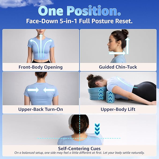 G.StretchAid Neck Hump Corrector, 5-in-1 Face-Down Posture Corrector for Tech Neck & Rounded Shoulders, Neck Stretcher, 4-Level Adjustable Cervical Support, Guided Chin-Tuck, Travel Case