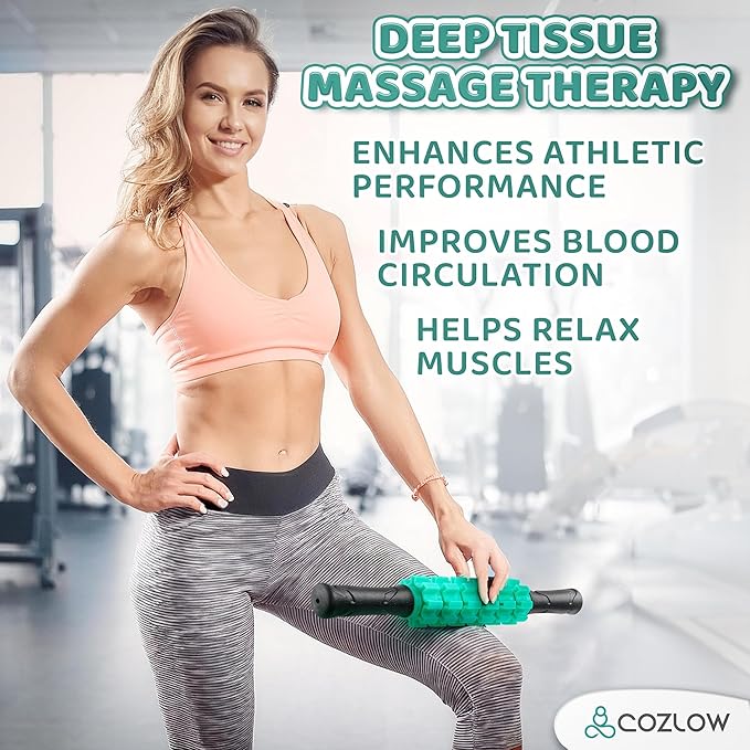 COZLOW Muscle Roller Stick - Green - Body Massage Tool w/ 6 Rollers & Non-Slip Handles for Deep Tissue Massage & Maximum Muscle Recovery