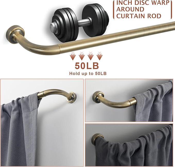 Antique Bronze Wrap Around Curtain Rod, 66-120" Adjustable, Aluminum, Wall Mounted, 1.25" Diameter, 45 lbs Weight Capacity