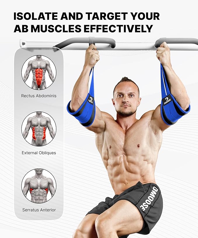 DMoose Fitness Hanging Ab Straps for Pull Up Bar & Core Strength Training - Soft Padded Exercise Straps for Ab Swing & Leg Raises, Hang Bar Strap with 2 Steel Carabiners - Abs Equipment for Home & Gym