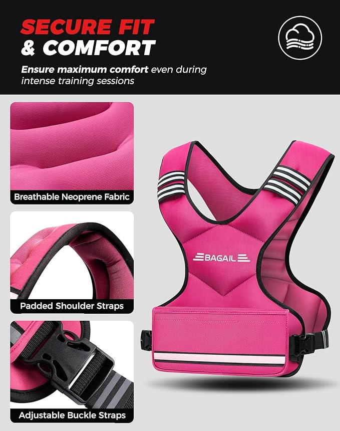 BAGAIL Adjustable Weighted Vest 4-10lb/12-18lb/20-32lb, Comfortable X-Shape & U-Neck Weight Vest for Women and Men Walking with 6 Removable Weights, Large Pocket and Reflective Strips