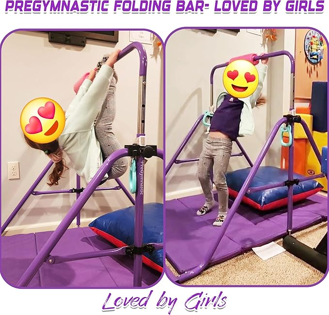 PreGymnastic Folding Gymnastics Bar with Rings, Foldable Kip Bar with Sturdier Base, Training Bar for Kids Ages 3-10, Horizontal Bar, Home Gym Equipment for Boy Girl