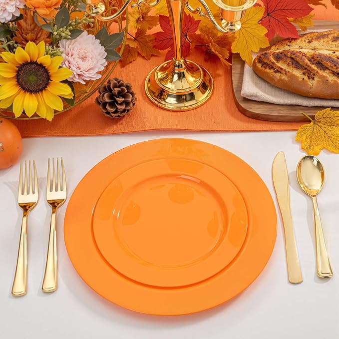 FLOWERCAT 60PCS Orange Plates - Heavy Duty Orange Plastic Plates Disposable for Easter & Spring Party - Serve 30 Guests 10.25inch and 7.5inch