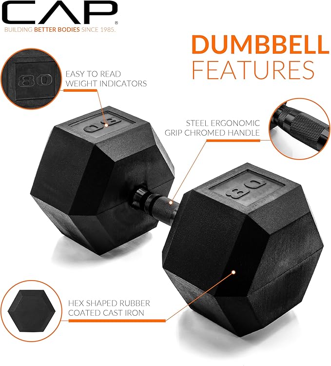 CAP Barbell Coated Hex Dumbbell Weight - Single | 10-120 lbs | Multiple Options