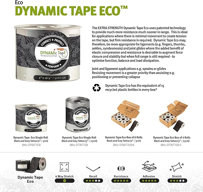 Dynamic Tape Eco - Elastic Athletic Tape Made from Recycled Materials | 4Way Biomechanical Stretch & Stronger Recoil than Kinesiology Tape | For Sports Muscle & Joint Load Mgmt | 3” (Grey/Black 4pack)