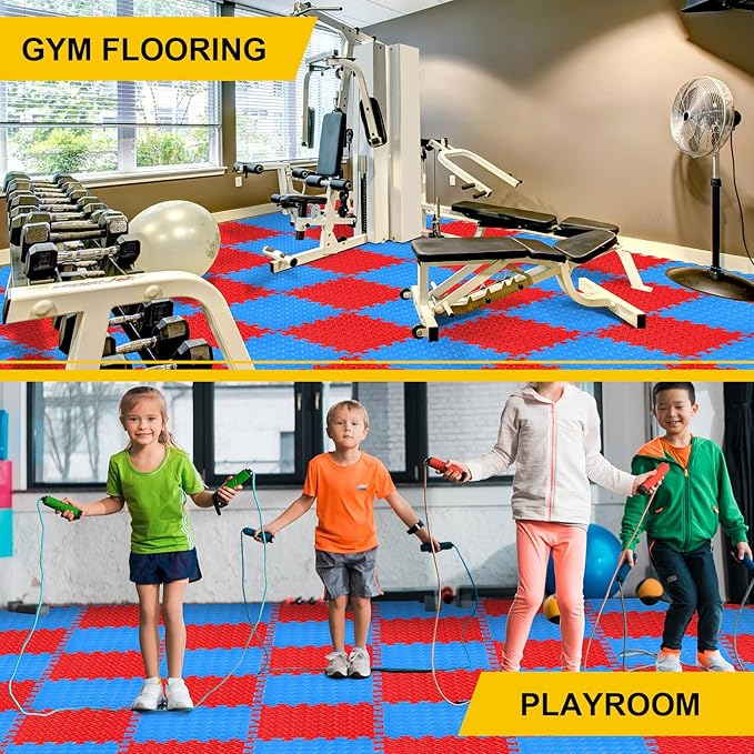 Ecally 100 Pcs 12 x 12 Gym Mat Foam Floor Mats for Home Gym Covers 96 Sq Ft Puzzle Exercise Square Interlocking Carpet Tiles with Border for Workouts Equipment Yoga Pilates (Red,Blue)