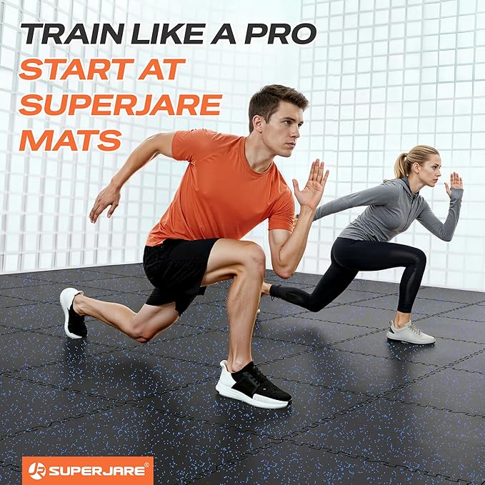 SUPERJARE 0.56'' Thick 48 Pcs 192 Sq Ft Rubber Top Exercise Equipment Mats, High Density EVA Foam Mats with Rubber Top, Interlocking Gym Flooring for Home Gym, Protective Workout Mat, Black/Blue
