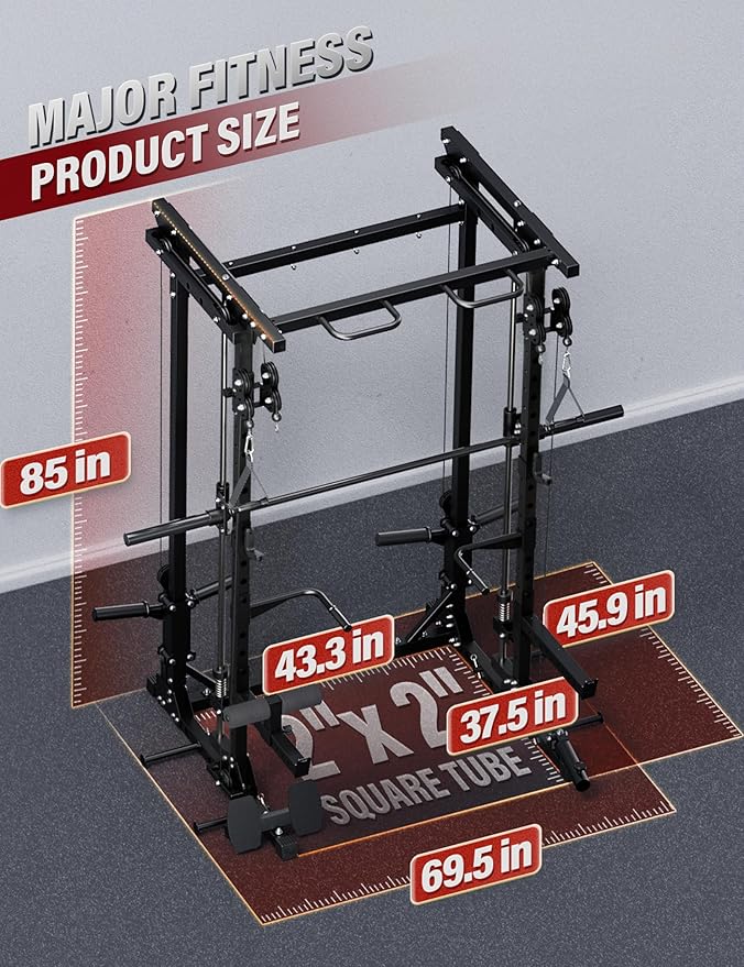 MAJOR FITNESS Drone3 Smith Machine, 2500lbs All-in-One Home Gym Power Rack with Dual Pulley System for Cable Crossover, Pull-Up Bars