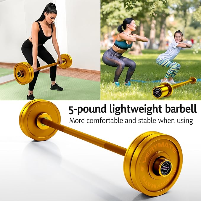EVERYMATE 5LB Mini Barbell Bar Beginner Women Kid Barbell Total Body Workout Weighted Bar,for Strength Training, for Youth Children New Weightlifting