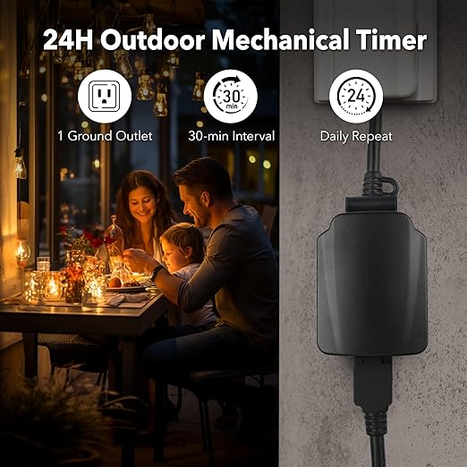 BN-LINK 24 Hour Heavy Duty Mechanical Timer, Outdoor Timer Outlet Waterproof with 30 Minutes Intervals, 1 Grounded Outlets for Christmas Lights Pool Pump,15A 1/2HP, ETL Listed