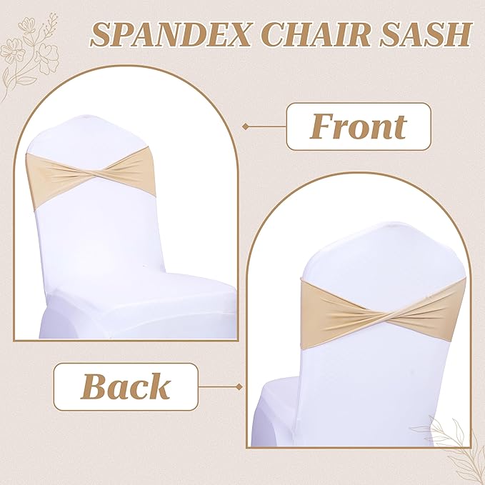 MDS Pack of 50 Spandex Chair Sashes Bows Elastic Stretch Dining Chair Bands Ties Without Slider Buckle Universal fits for Wedding Baby Shower Birthday Party Banquet Event Decoration - Champagne Gold