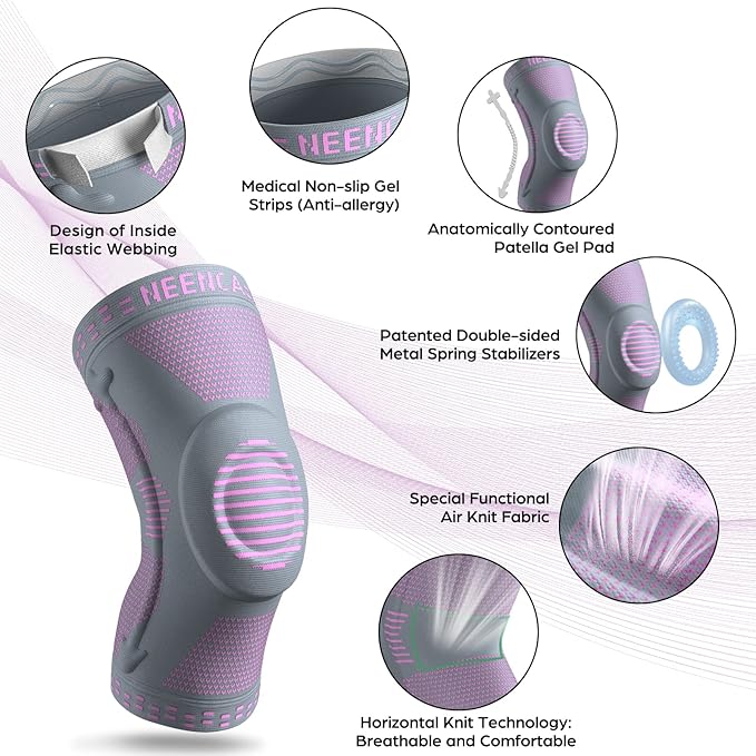 NEENCA Professional Knee Brace for Pain Relief, Medical Knee Support with Patella Pad & Side Stabilizers, Compression Knee Sleeve for Meniscus Tear, ACL, Joint Pain, Runner, Workout (Pink Gray, L)