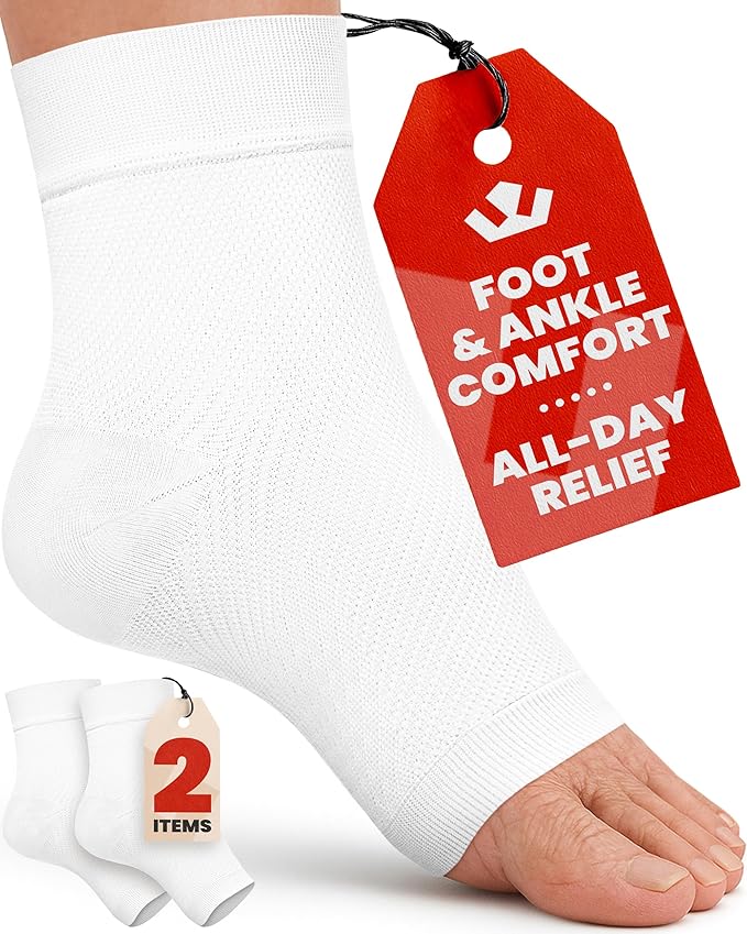 KEMFORD Ankle Compression Sleeve - 1-Pair, Plantar Fasciitis Braces - Open Toe Compression Socks for Swelling, Sprain, Neuropathy, Foot Arch Support for Men and Women - 20-30mmhg, 2XL, White