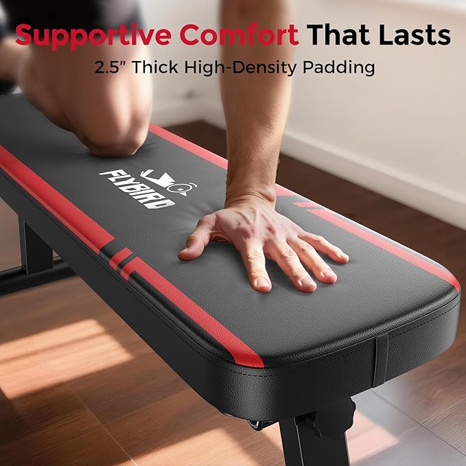 FLYBIRD Foldable Flat Weight Bench For Home Gym, Sturdy Strength Training Workout Bench, Space-saving Bench Press Flat Exercise Bench, Easy to Assemble