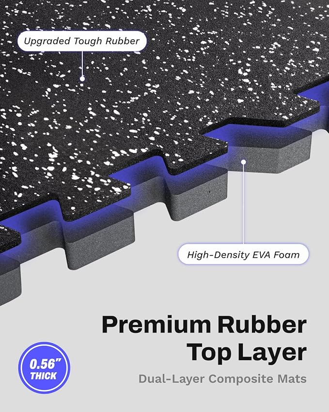 AIRHOP 0.56in Thick 24 Sq Ft Exercise Equipment Mats, 6 Tiles Upgraded Rubber Top with High Density EVA Foam, Large Interlocking Puzzle Gym Flooring for Home Gym, Heavy Weight Workout, 24 x 24in