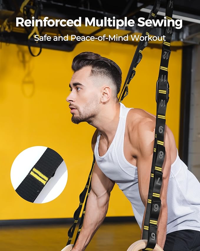 PACEARTH Gymnastics Rings 32mm Wooden Olympic Rings Support 1500lbs Locked Carabiners 9ft Double-Layer Numbered Straps Non-Slip Gym Rings with Foot Straps Door Anchor for Home Gym Full Body Workout