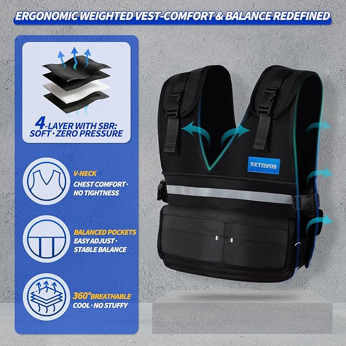 Adjustable Washable Weighted Vest for Women Men, Flexible Cushioning & 4-Layer Breathable Fabric, V-Neck for Walking, Running & Strength Training