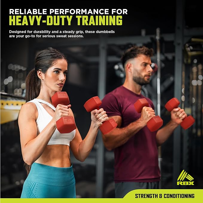 RBX Vinyl Coated Hand Weight Dumbbell Set - Hex Shaped, Roll Free for Body Building/Sculpting/Strength Training Exercise, (Set of 2)