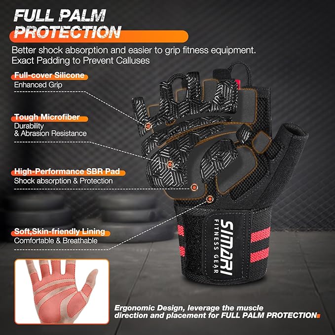 SIMARI Workout Gym Gloves for Men Women, Weight Lifting Gloves with Wrist Wrap Support, SBR Pad Grip for Full Palm Protection, for Exercise, Fitness, Dumbbells, Barbell, Climbing, Fingerless